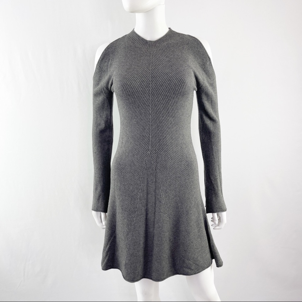 COSETTE Size S Gray Long Sleeve Ribbed Knit Sweater Dress Cold Shoulder Cutout